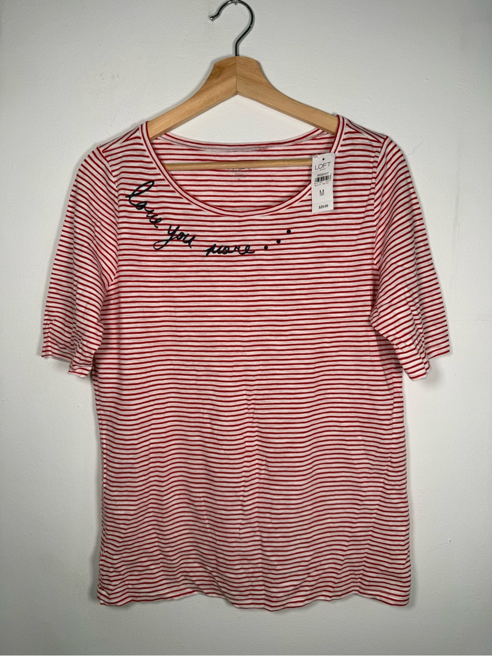 LOFT Red & White Striped Scoop Neck Tee with Script Embroidery